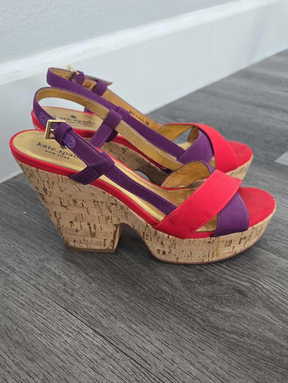 Kate Spade "Penny" Red Purple Cork Platform Wedge Sandals Size 9M